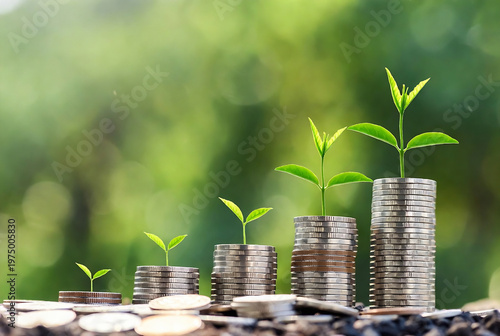 Subject: Growing money, symbolizing financial growth. Action: Coins are growing into plants on stacks of coins. Setting: Outdoors with a blurred green forest background.