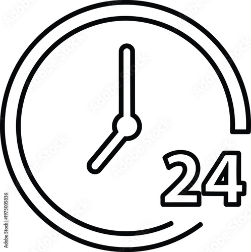 A black and white line art icon depicting a clock face representing twenty four hour availability Vector