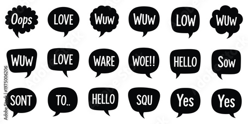 Collection of black speech bubbles with various words and exclamations