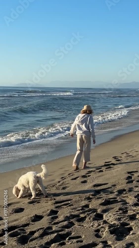 Children walking along the sandy beach with a dog by their side during sunset. Waves gently lap the shore as footprints trail behind, creating a peaceful seaside moment.