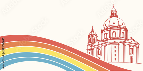 Vibrant illustration of a church with a rainbow on a beige background, symbolizing hope and spirituality in a modern artistic style