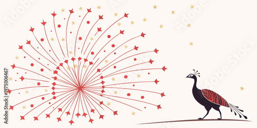 A colorful peacock standing next to a vibrant firework explosion with red and gold stars and sparks on a beige background