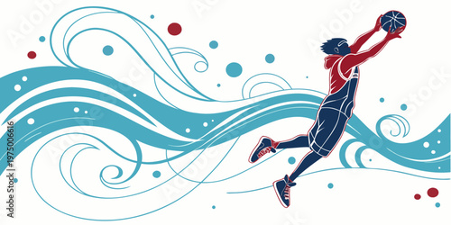 A man in red and blue playing basketball on a with blue and red swirls