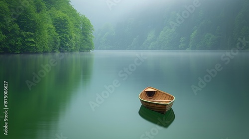 Small wooden boat on misty green lake, Minimal nature landscape, Calm water and forest reflections, Peaceful solitude concept, Soft fog atmosphere, Panoramic wilderness background, Copy space