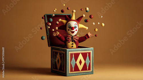 Colorful clown figure with jester hat emerging from a decorative jack-in-the-box, surrounded by floating colorful balls against a warm background