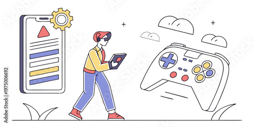 A cartoon man wearing virtual reality goggles holds a game controller and walks next to a smartphone and a video game controller