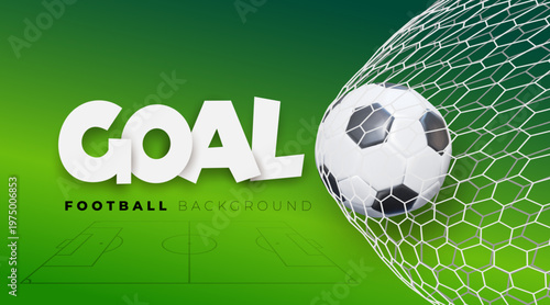 Green field background with football. Soccer ball inside the goal net symbolizing a scored goal in a match. Vector illustration with dynamic sports composition.