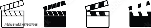 Four clapperboards in black and white line and silhouette styles cinema production slate clapboard