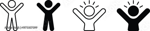 Four black and white stick figure with arms raised symbol person human silhouette