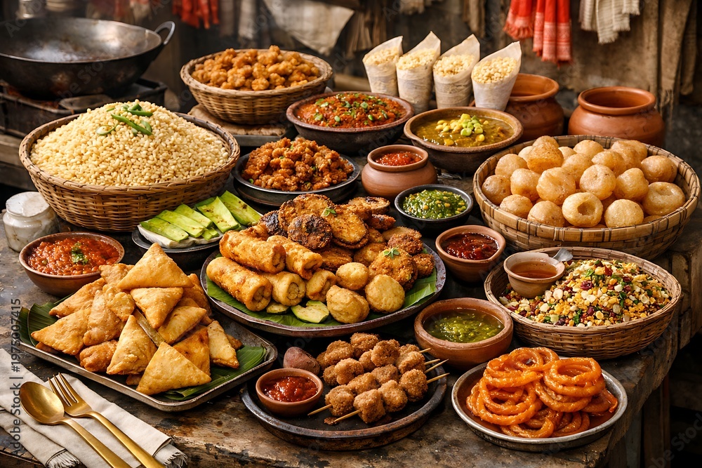 Obraz premium Pohela Boishakh street food scene with traditional snacks