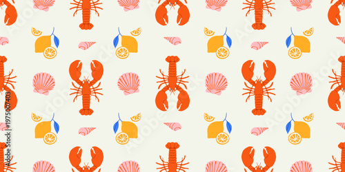 Vintage lobster seamless pattern. Italian sea food background illustration in hand drawn style. Retro mediterranean beach surface print design, summer vacation texture.