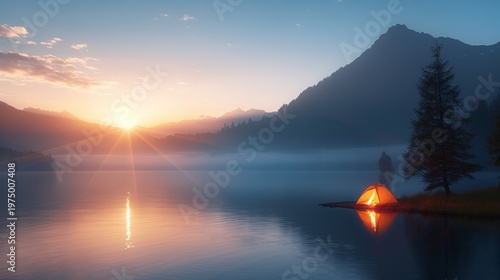 Sunrise over mountain lake with glowing tent, Peaceful camping landscape, Soft mist and calm water reflection, Romantic wilderness dawn, Outdoor adventure travel background, Panoramic composition