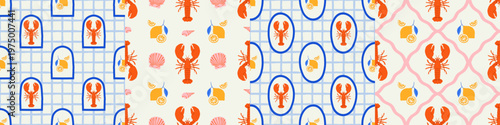 Vintage lobster seamless pattern set. Italian sea food background illustration in hand drawn style. Retro mediterranean beach surface print design collection, summer vacation texture bundle.