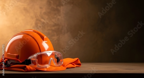 Construction safety first a vibrant orange hard hat and protective goggles on a wooden surface illuminated by light