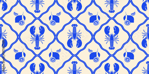 Vintage lobster seamless pattern. Italian sea food background illustration in hand drawn style. Retro mediterranean beach surface print design, summer vacation texture.