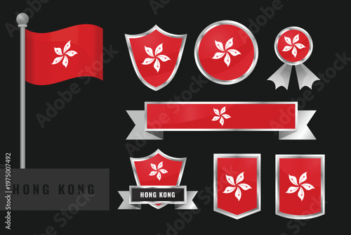 Professional set of Hong Kong flag emblems. Includes shields, badges, ribbons, and icons featuring the white Bauhinia flower on a red field. Ideal for patriotic and Asian designs.