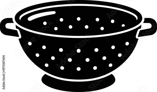 icon of kitchen colander, isolated on white background. Minimal silhouette illustration of strainer for washing and draining food such as pasta, vegetables and fruits. 