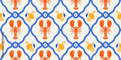 Vintage lobster seamless pattern. Italian sea food background illustration in hand drawn style. Retro mediterranean beach surface print design, summer vacation texture.