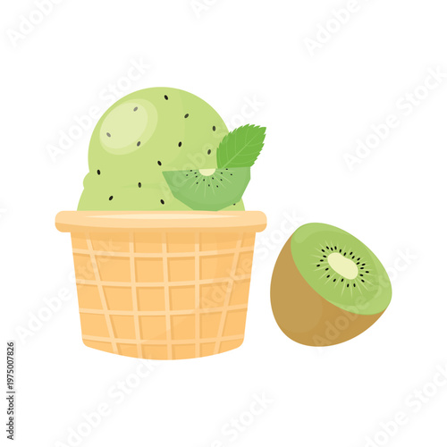 Kiwi ice cream scoop in waffle cup with fresh fruit and mint leaves. Bright summer dessert vector illustration isolated on white background.