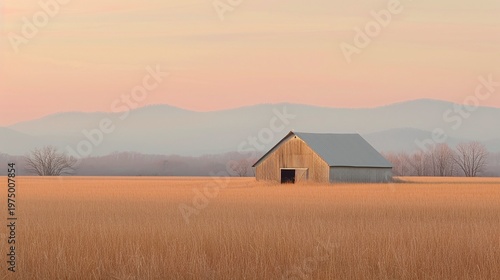 Solitary barn in golden field at pastel dusk, Minimal rural landscape, Soft mountain silhouette background, Peaceful countryside scene, Autumn harvest tones, Panoramic nature banner, Copy space
