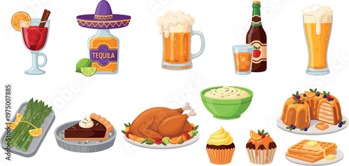 Alcoholic Drinks and Food Pairing Collection with Beer, Tequila, Cocktails, Roasted Chicken, Desserts, and Gourmet Meal Illustration Set for Menu Design