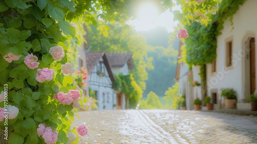 Flowering village lane in soft morning light, Romantic cottage street scene, Pink blossoms and cobblestone path, Peaceful countryside architecture, Dreamy travel background, Selective focus, Copy spac