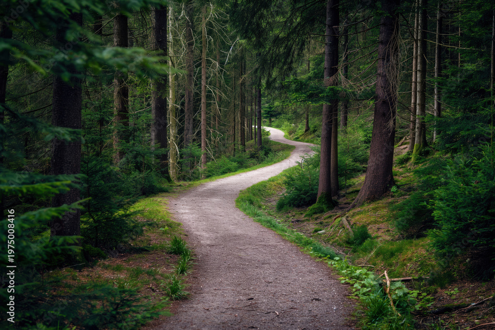 Obraz premium Scenic Winding Path Through Lush Forest, Surrounded by Tall Trees and Greenery