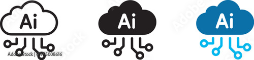 AI cloud computing icon, cloud symbol with AI elements, data processing storage neural networks machine learning vector design for technology