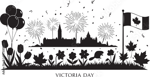 Victoria Day celebration silhouette, fireworks, balloons and Canadian flag, vector art