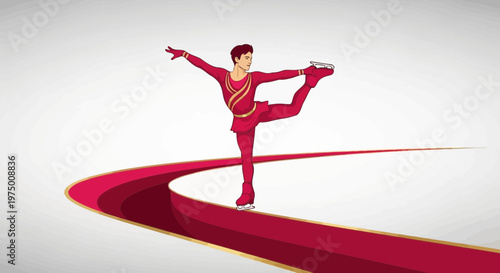 Elegant Figure Skater Performs Graceful Pose On Red Ice Rink Path