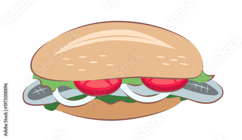 Fischbrötchen sandwich with fish, onion and tomato in bread roll. Flat vector illustration of traditional German street food, perfect for menu design or food graphics.
