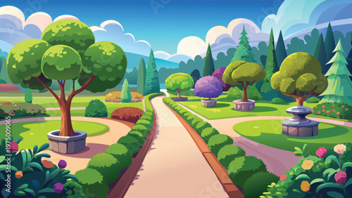 A vibrant and picturesque garden scene featuring a winding path through lush trees and flowers. Vector