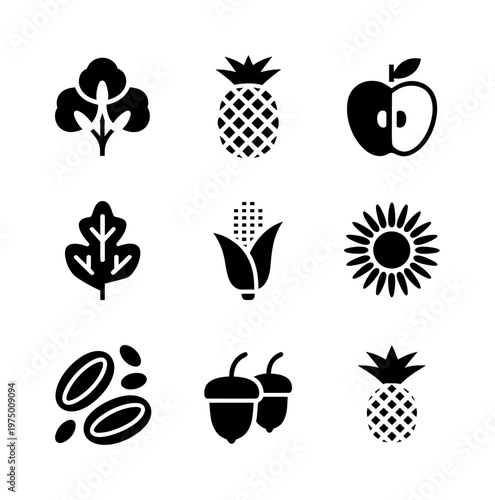 Set of nine vector icons with various fruits and plants in