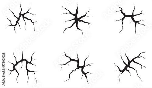 Abstract crack and fracture shapes set with broken surface effects isolated on white background