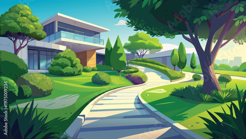 A serene suburban landscape featuring a modern architectural house and a winding stone pathway Vector