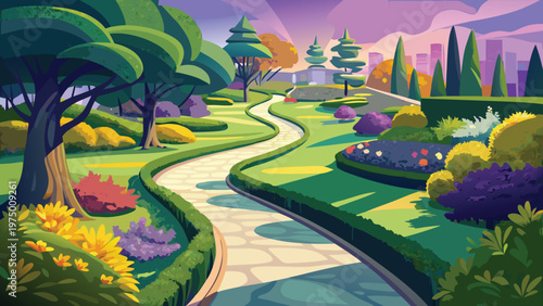 A vibrant and colorful cartoon landscape featuring a winding garden path at sunset in a quiet park Vector