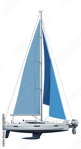 Elegant Modern Sailboat With Blue Sails On White Background Vector Illustration