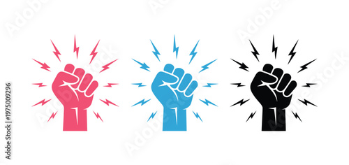 Fist knocking impact icon vector set, outline hand hit gesture in red, blue, and black variations for alert, notification, door knock, and action symbols