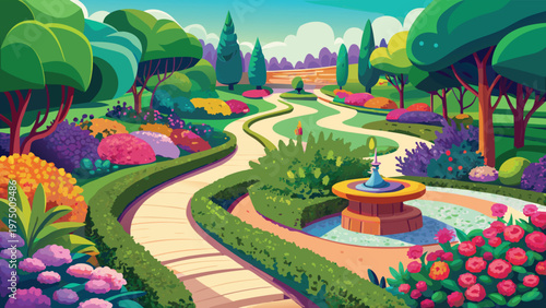 A vibrant and colorful garden illustration featuring a winding path and a small central fountain Vector