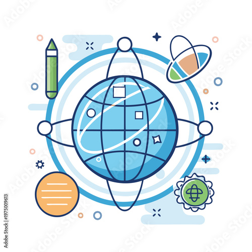 Creative illustration of a globe surrounded by diverse symbols and icons