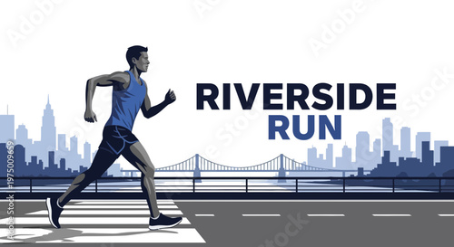 Energetic Athlete Conquering Cityscape Miles For A Victorious Riverfront Marathon Event