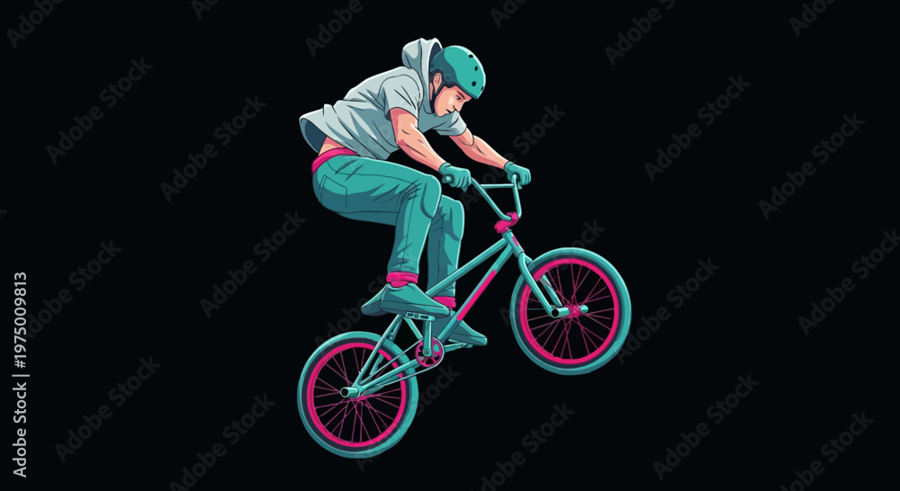Fototapeta premium Energetic Bmx Rider Performing A Radical Trick On A Dark Background Vibrant Colors