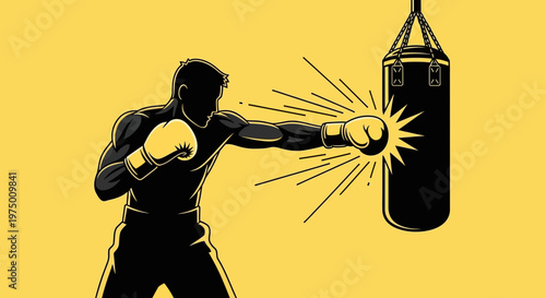 Energetic Boxer Training With Punching Bag Dynamic Action Illustration