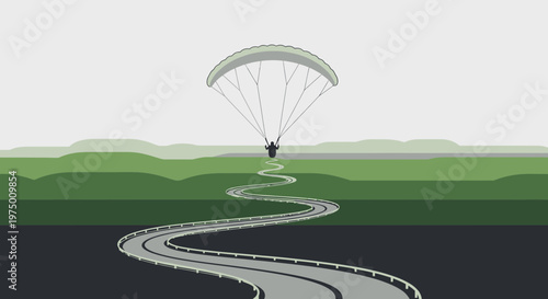 Embark On A Paragliding Journey Along A Winding Road Through Scenic Landscapes