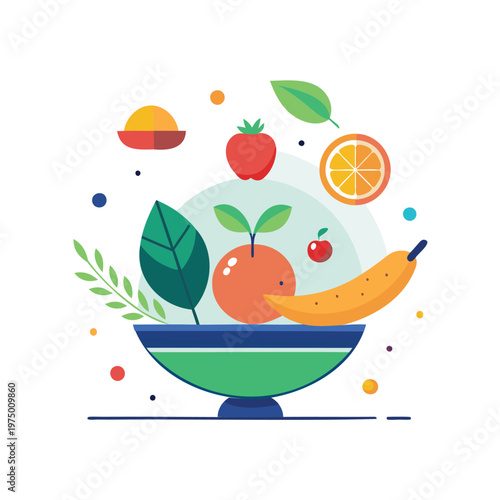 A vibrant bowl of fresh fruits and a rising sun illustration