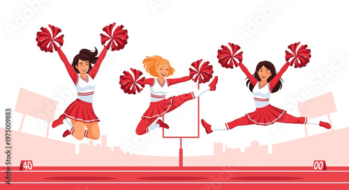 Energetic Cheerleaders Perform Dynamic Jumps with Pom-Poms During Sporting Event