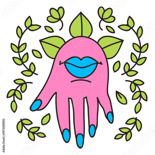 Psychedelic Fatima hand with lips tattoo