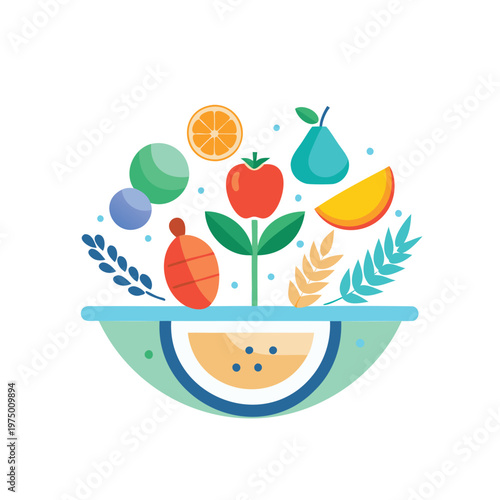 Colorful assortment of fruits and vegetables in a whimsical bowl illustration
