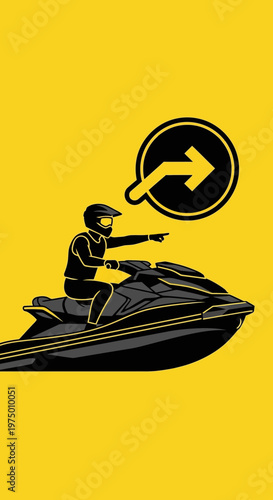Energetic Person Riding Jet Ski Indicating Direction on Bright Yellow Background