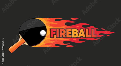 Energetic Ping Pong Paddle Emblem With Flaming Fireball Text